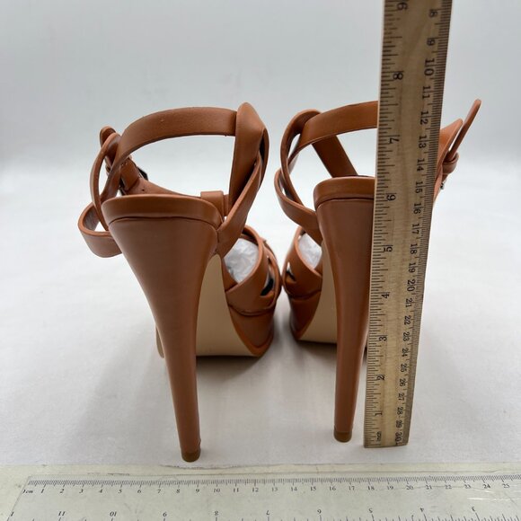 FSJ Brown Strappy Platform Sandals Peep Toe Stiletto Heels T-strap Dress Shoes - Picture 5 of 8